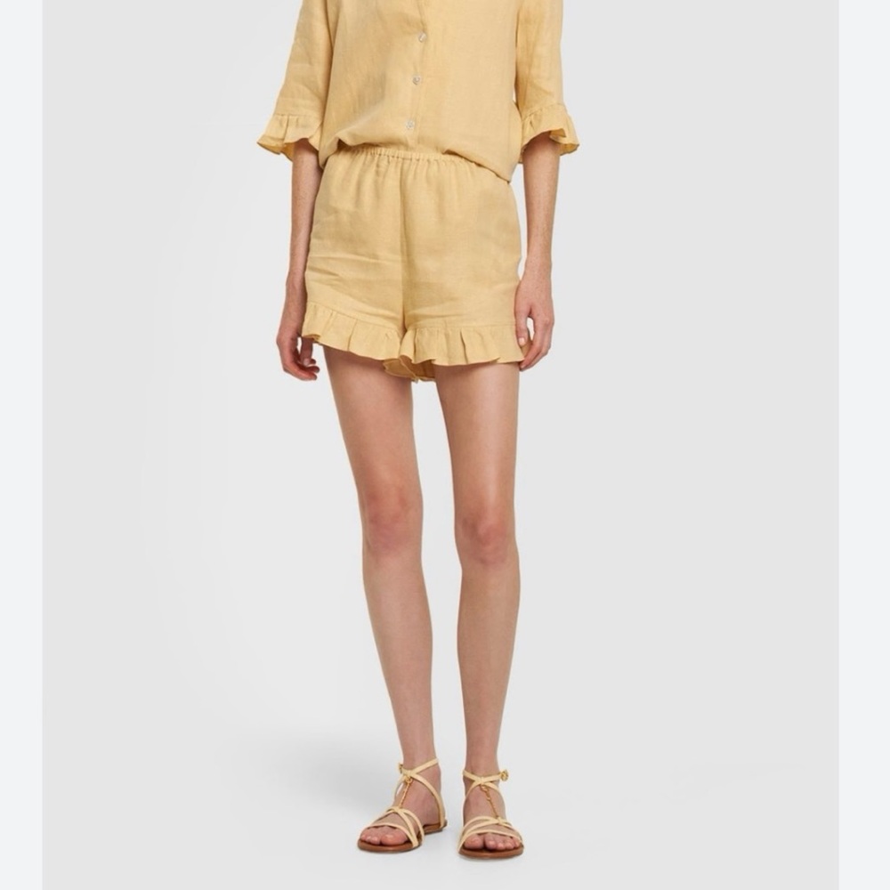 SLEEPER Light Yellow Linen Shorts with Ruffle Bottom